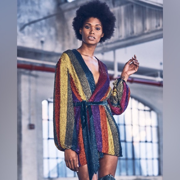 NWT RETROFETE GABRIELLE SEQUIN ROBE DRESS MULTI STRIPE SIZE SMALL - Picture 6 of 16